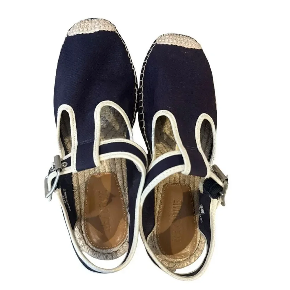 Re/Done T-Strap Navy Espadrille Sandals Size 38 US 8